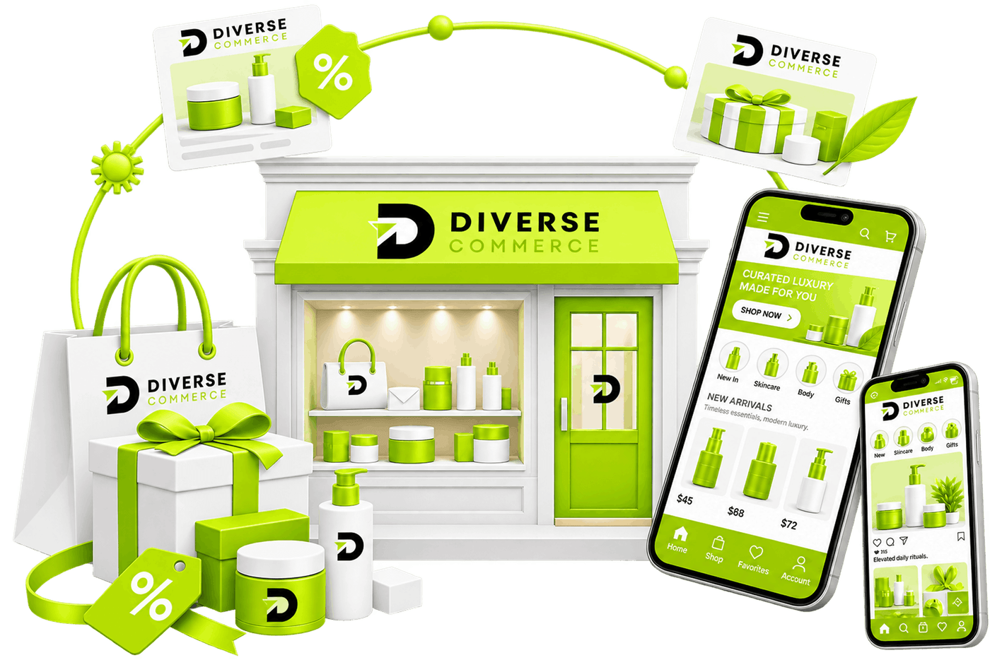 Ecommerce Branding and Marketing Services - a branded boutique shopfront with a lit product display, branded bags