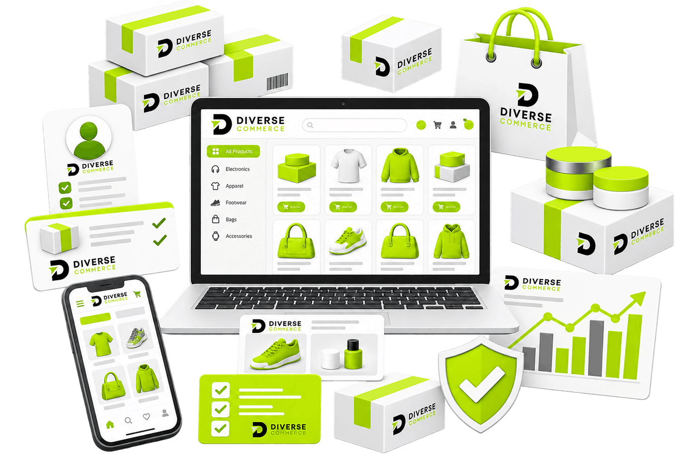 Online Store Management Service - a laptop showing a product grid, with a mobile storefront, a customer record