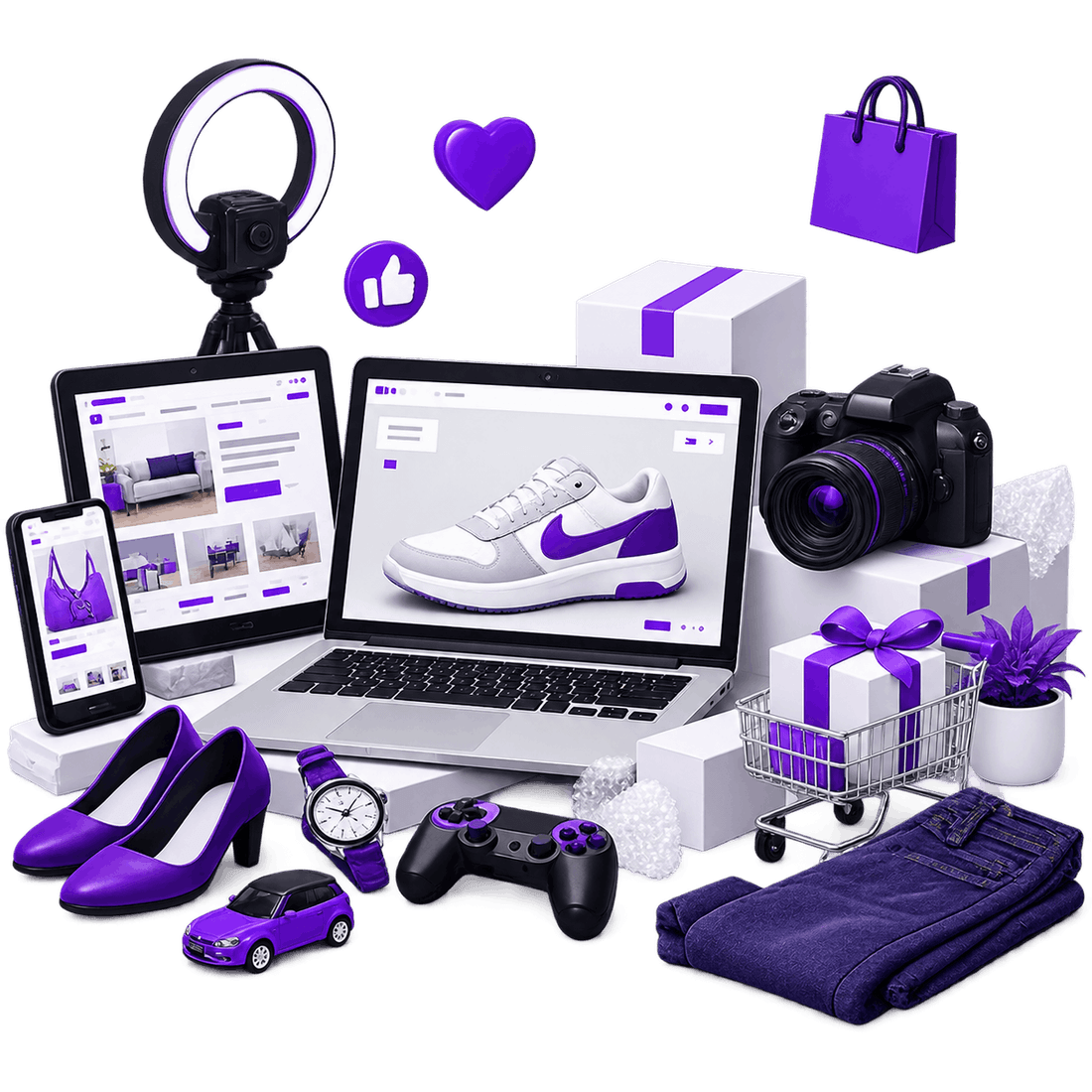 Range Assessed Across Devices | Ecommerce Product Research Services Ecommerce Product Research Services - listings open on a laptop, tablet and phone, surrounded by shoes, clothing, a watch