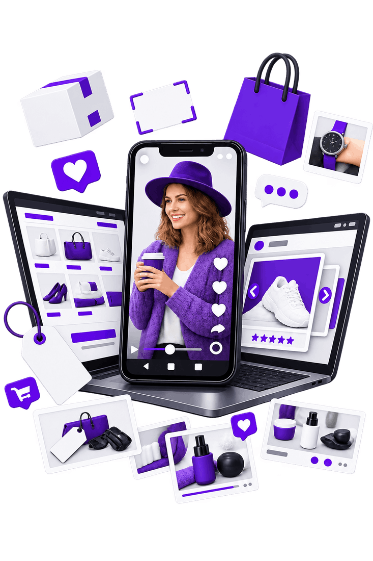 Ecommerce Store Promotion - a storefront grid on a tablet, a short-form video post on a phone