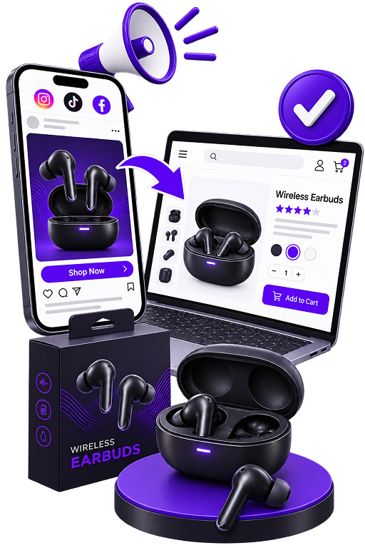 Ecommerce Branding and Marketing Services - a megaphone over a phone showing a social post for earbuds