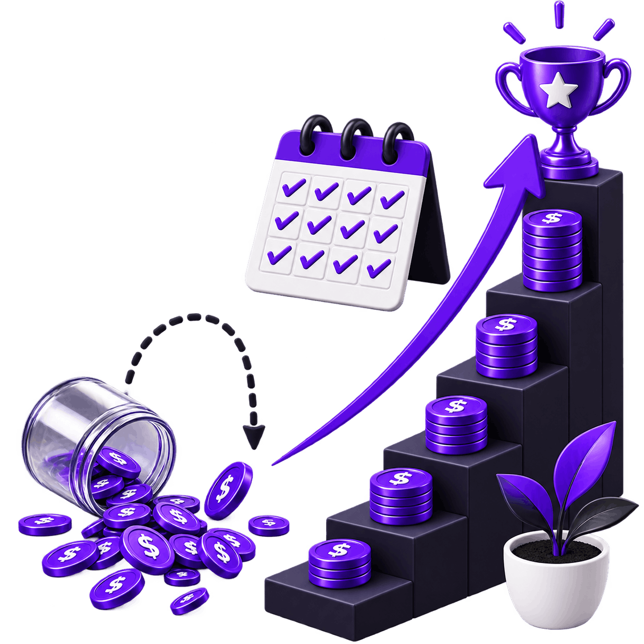 Ecommerce Content Creation Services - coins tipped from a jar onto rising steps of stacked coins leading to a trophy