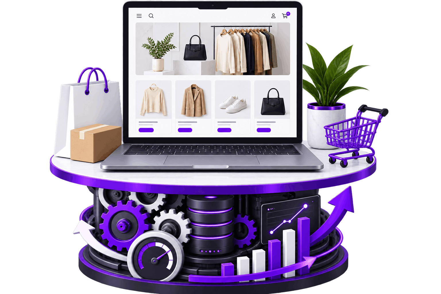 Ecommerce Conversion Rate Optimisation - an unchanged storefront on a laptop with gears, servers, a performance gauge